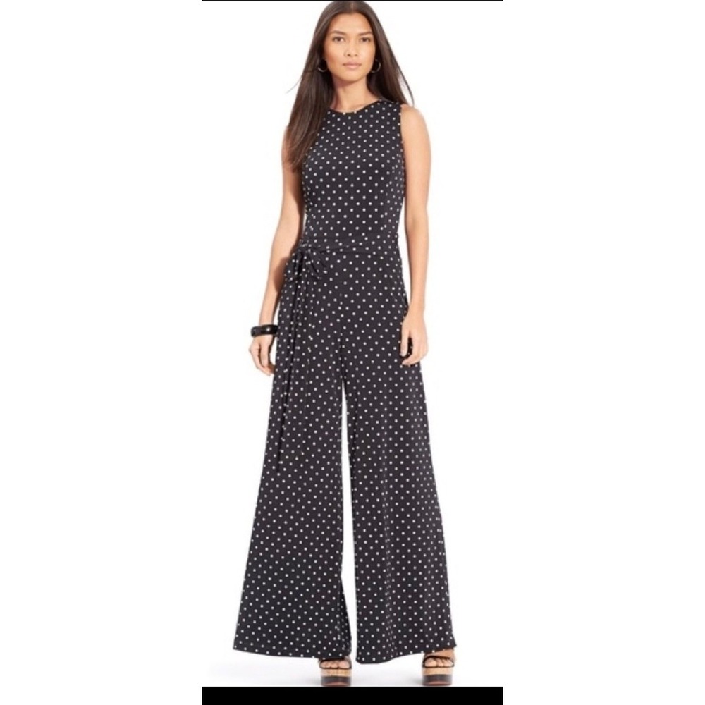 Lauren Ralph Lauren Polka Dot Wide Leg Jumpsuit Navy Blue White Sleeveless 12